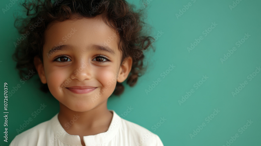 Smiling Saudi child with curly hair against green background, radiating joy and innocence. childs expression captures moment of happiness and warmth Smiling Saudi child with curly hair against green background, radiating joy and innocence. childs expression captures moment of happiness and warmth
