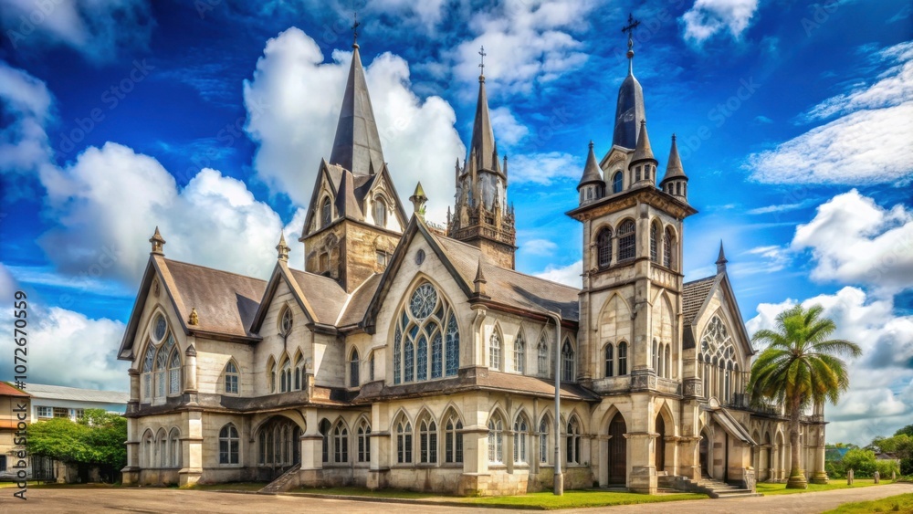 Ancient Gothic style building with spire and towers in Georgetown, Guyana , historic, architecture, heritage, landmark, old Ancient Gothic style building with spire and towers in Georgetown, Guyana , historic, architecture, heritage, landmark, old