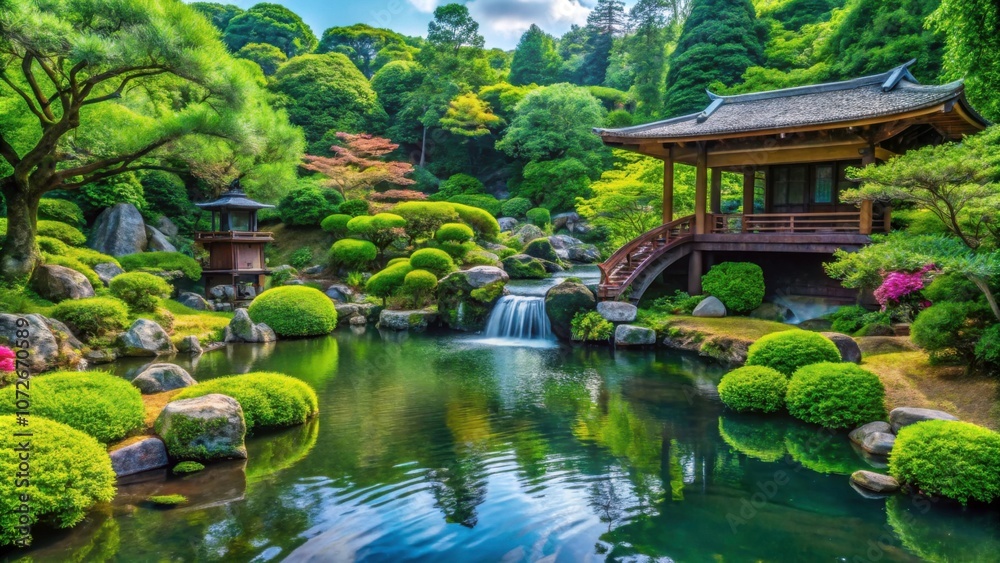 Naklejka premium Tranquil Japanese garden with flowing water, lush greenery, and ornate decorations, serene, peaceful, relaxation, zen