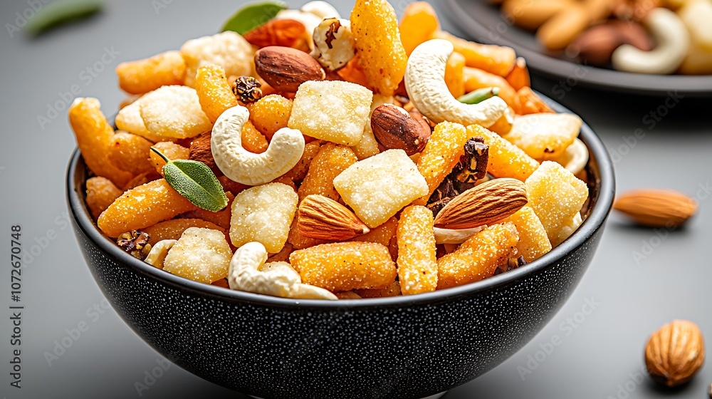 Fototapeta premium A delectable array of crunchy namkeen snacks gleam in a traditional bowl, interspersed with aromatic nuts and spices for a tantalizing burst of flavors and textures