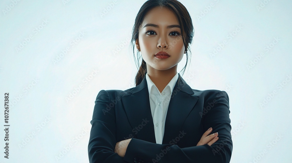 Confident Asian Businesswoman in a Sleek Suit with Arms Crossed, Exuding Professionalism and Strength in a Contemporary Studio Setup Confident Asian Businesswoman in a Sleek Suit with Arms Crossed, Exuding Professionalism and Strength in a Contemporary Studio Setup