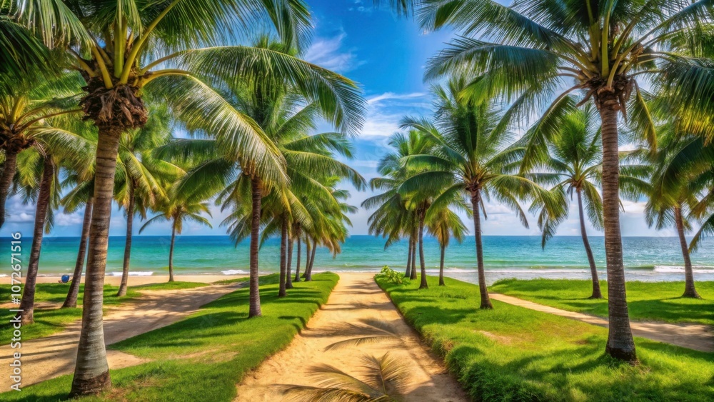 Tropical paradise with palm trees lining the path to a beautiful beach in Vietnam , Vietnam, tropical, exotic, resort Tropical paradise with palm trees lining the path to a beautiful beach in Vietnam , Vietnam, tropical, exotic, resort