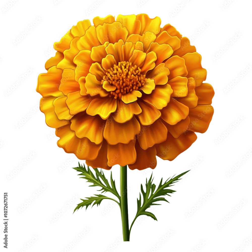 Single marigold flower with yellow petals and green leaves on isolated transparent background. Blooming flower with orange color. Indian floral decoration for festive events. Alpha mask cut out png.