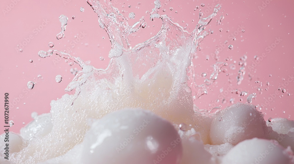 Fototapeta premium Water splash against pink background with soap bubbles
