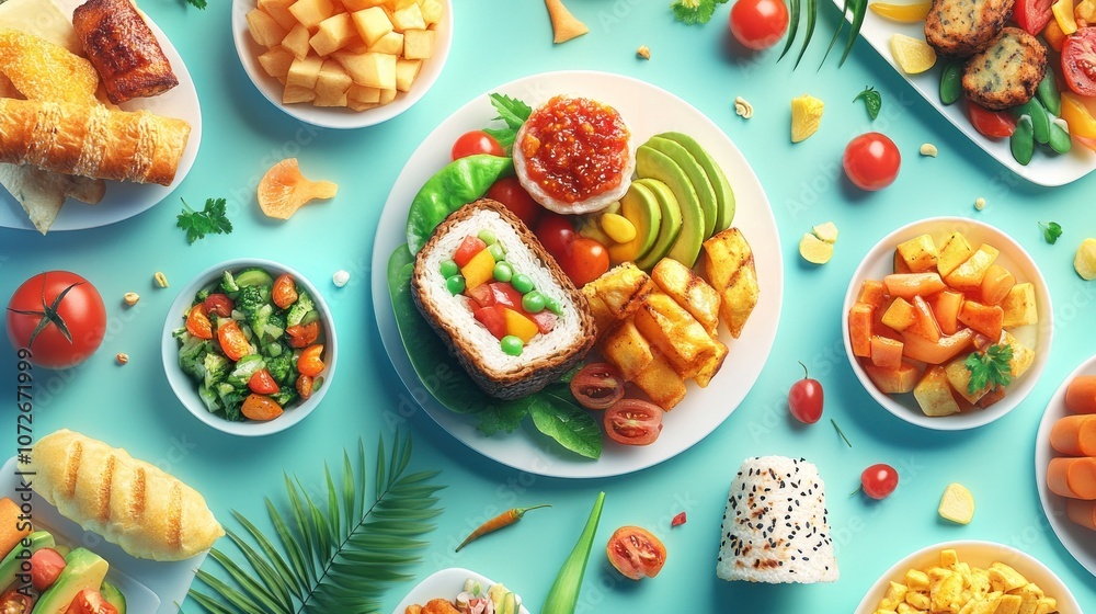 Fototapeta premium Delicious and Colorful Food on a Blue Background