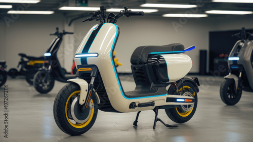 A white scooter with blue lights is parked in a parking lot. The scooter is the center of attention and is surrounded by other scooters. Scene is lively and energetic
