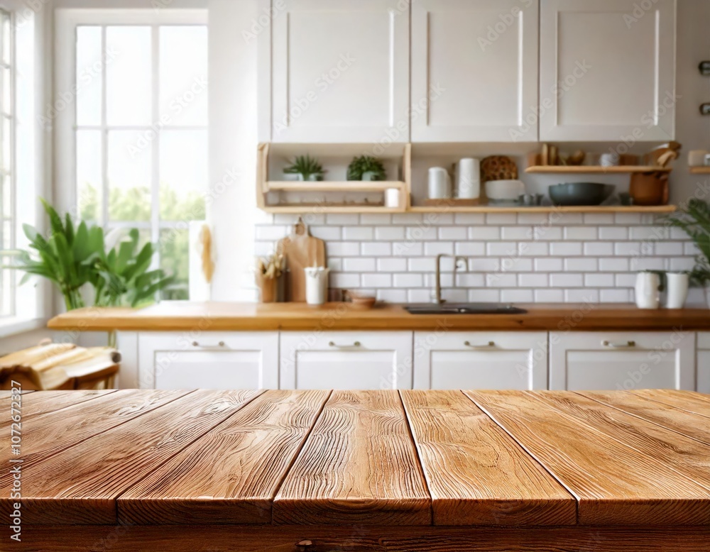 Rustic Kitchen Tabletop: A sunlit kitchen with white cabinets, subway tile backsplash, wooden countertops, and open shelving displays rustic charm and modern functionality. Rustic Kitchen Tabletop: A sunlit kitchen with white cabinets, subway tile backsplash, wooden countertops, and open shelving displays rustic charm and modern functionality.
