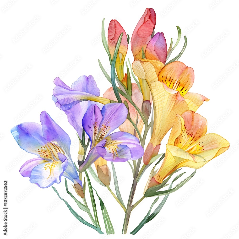 Naklejka premium Watercolor Freesia Isolated on White Background. Beautiful Freesia Flower