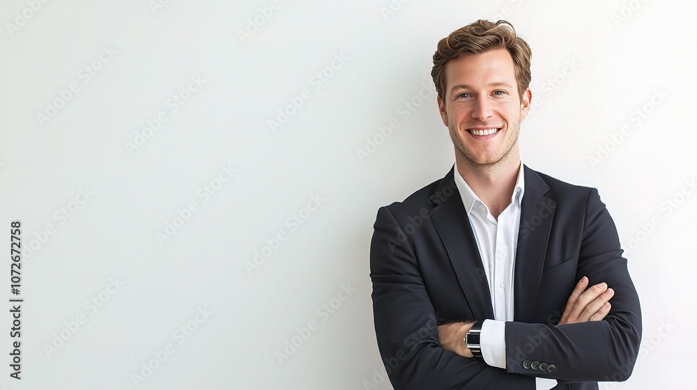 Confident Businessman Smiling with Arms Crossed, Exuding Professionalism and Approachability in a Modern Office Setting Confident Businessman Smiling with Arms Crossed, Exuding Professionalism and Approachability in a Modern Office Setting