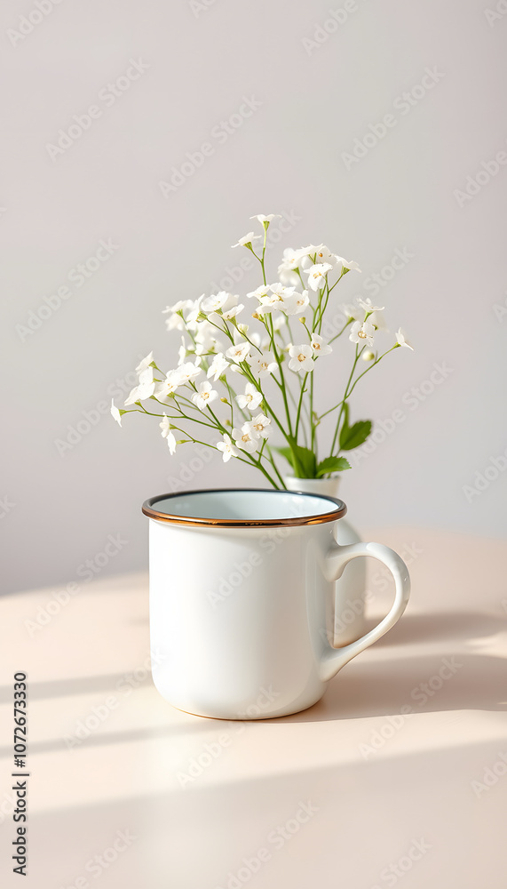 Enamel mug mockup with a gypsophila in a vase on a beige table isolated with white highlights, png Enamel mug mockup with a gypsophila in a vase on a beige table isolated with white highlights, png