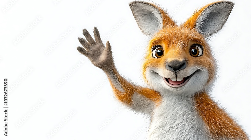 Obraz premium A joyful cartoon kangaroo with a big smile on its face is happily waving one arm in the air, showcasing its adorable and playful nature