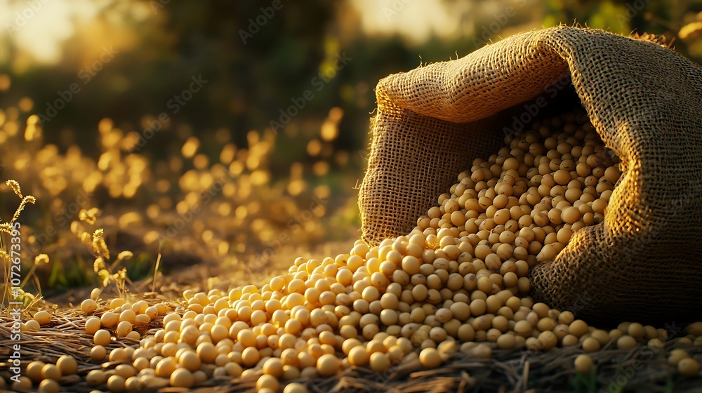 Soybeans in burlap sack on blurred background Soybeans in burlap sack on blurred background
