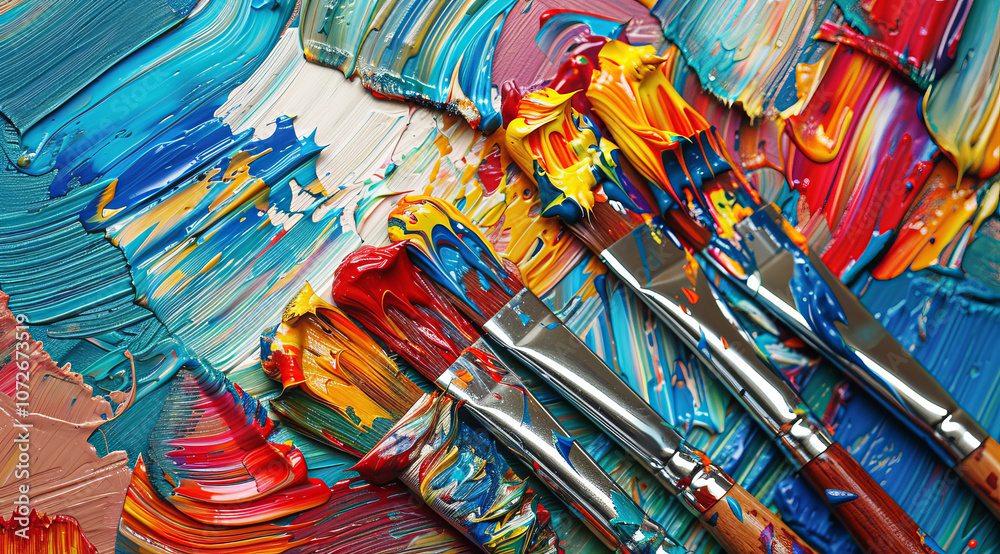 Fototapeta premium Colorful paint brushes for the oil painting artwork. Concept of creativity and talent