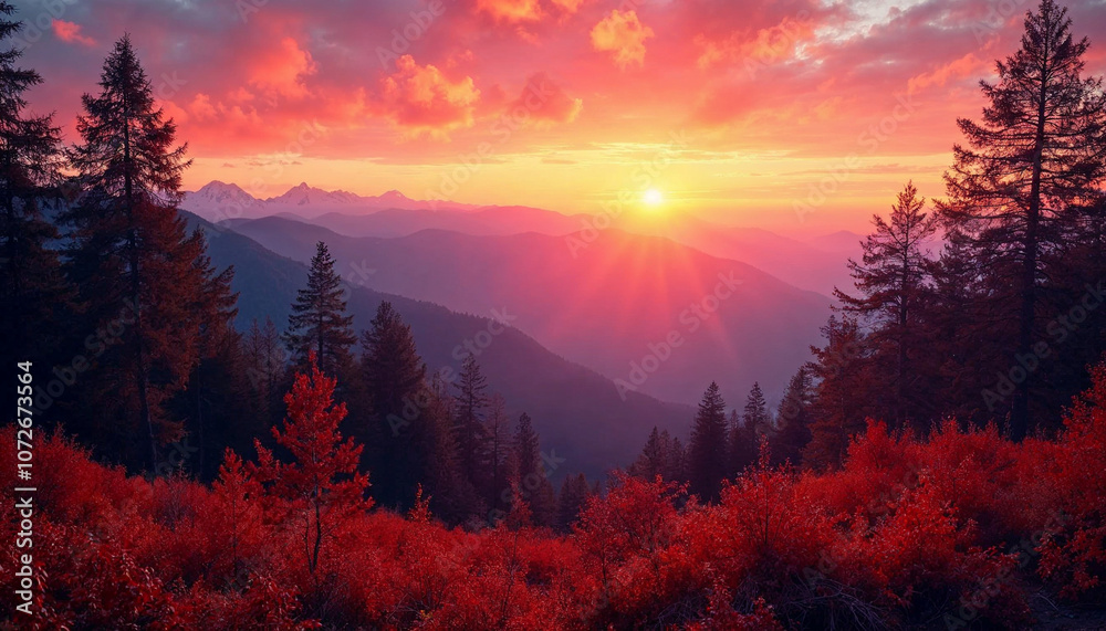 Beautiful view of the autumn in mountains covered with forest Beautiful view of the autumn in mountains covered with forest