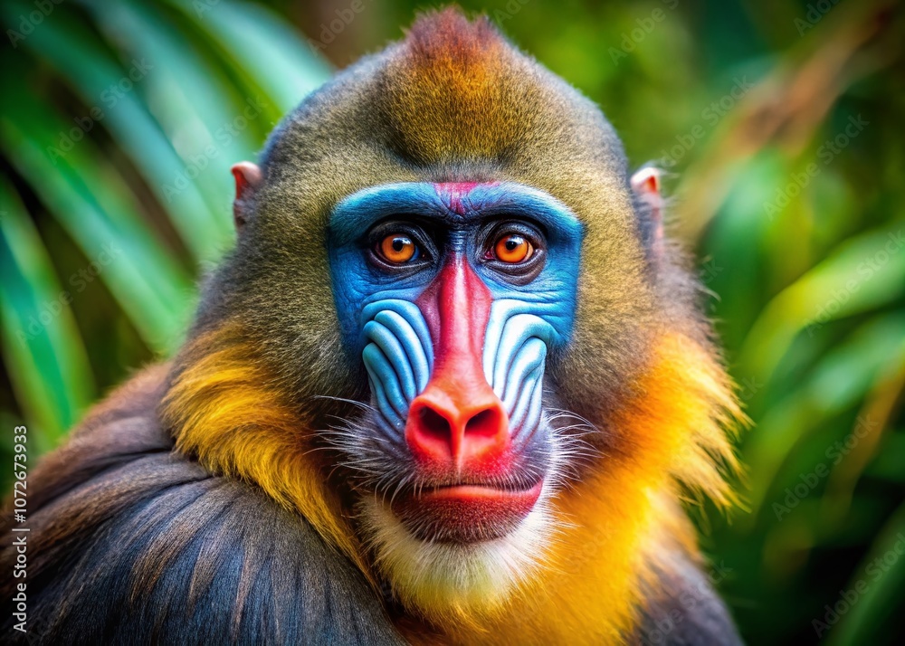 Obraz premium Captivating Portrait of a Mandrill Showcasing its Striking Facial Markings and Colorful Features in a Natural Habitat Setting for Wildlife Photography Enthusiasts