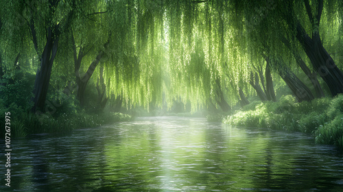 A serene river with willow trees lining its banks, inviting quiet reflection.