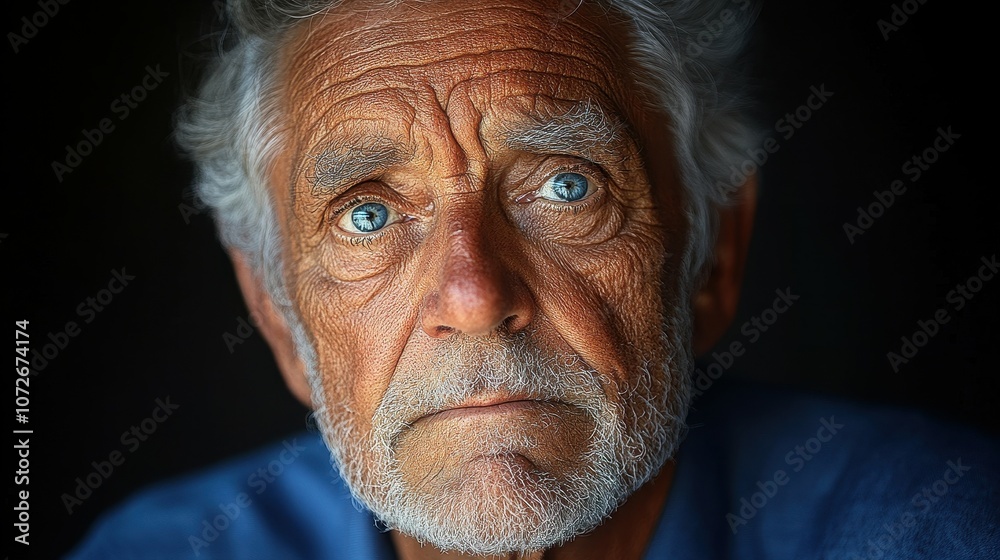 A man with a blue shirt and a beard. He has a blue eye and a white beard A man with a blue shirt and a beard. He has a blue eye and a white beard