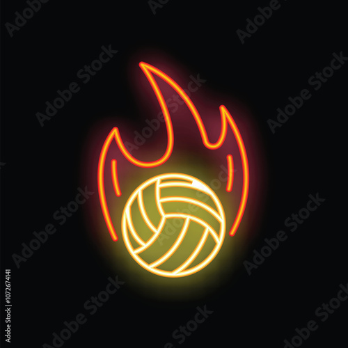 Neon volleyball ball is surrounded by vibrant flames, illuminating the night with a fiery glow