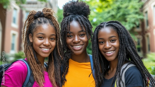 Three young women with dreadlocks are smiling for the camera. They are wearing backpacks and one of them is wearing a yellow shirt