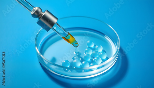 Lab dropper with sample of gel bubbles in petri dish on blue background, hard shadows. Abstract science, medicine and beauty concept isolated with white highlights, png