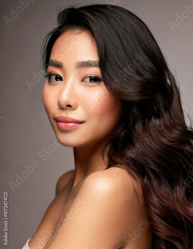 Radiant Beauty: A woman with long, flowing dark hair and flawless skin gazes directly at the camera, radiating a sense of natural confidence and inner glow.