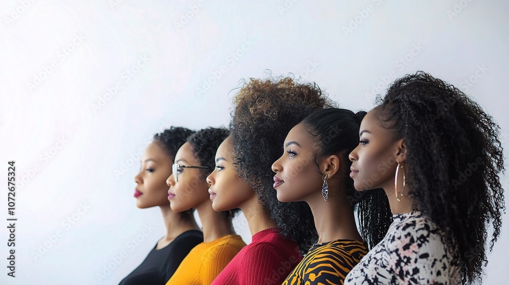 Obraz premium A group of diverse Black women representing various ages and sizes, standing confidently in a line, showcasing their individuality and beauty in a vibrant and united manner.