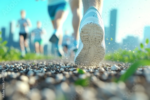 Close-up of running shoes hitting the pavement. Generative AI