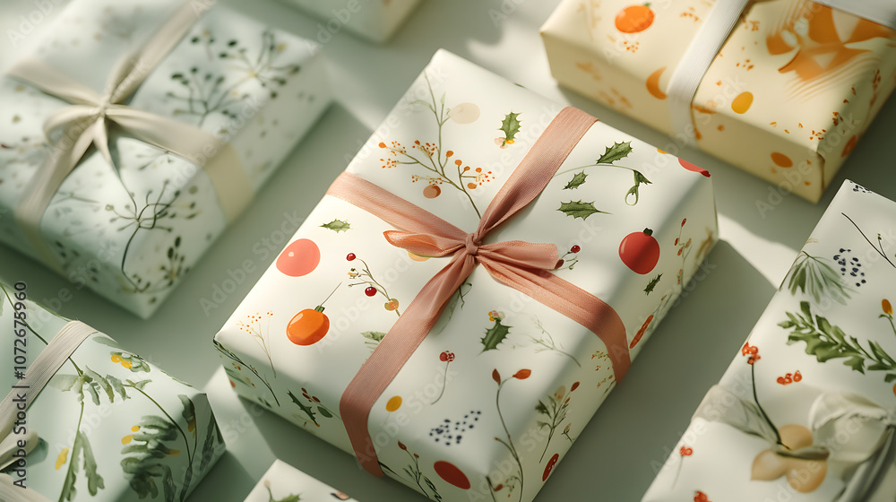 A series of beautifully wrapped gifts featuring various holiday themes. A series of beautifully wrapped gifts featuring various holiday themes.
