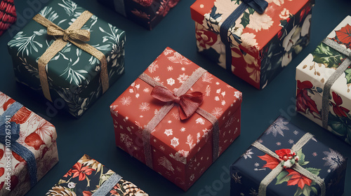 A series of beautifully wrapped gifts featuring various holiday themes. photo