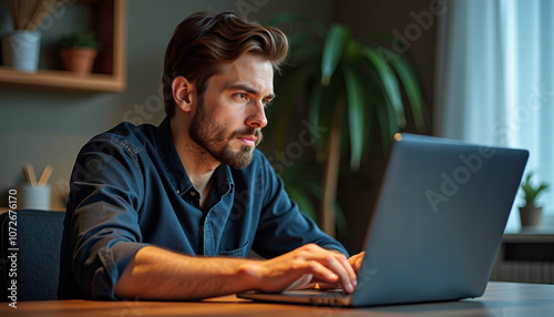 Focused Man Working on Laptop