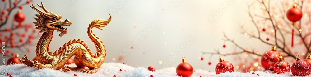 Golden dragon figurine on snowy background. Red Christmas ornaments on bare branches. Festive decor for Chinese New Year. Asian traditions, dragon symbol, holiday celebration.