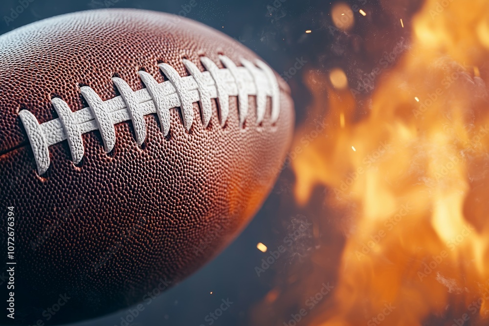 A football is shown in the air with flames behind it A football is shown in the air with flames behind it
