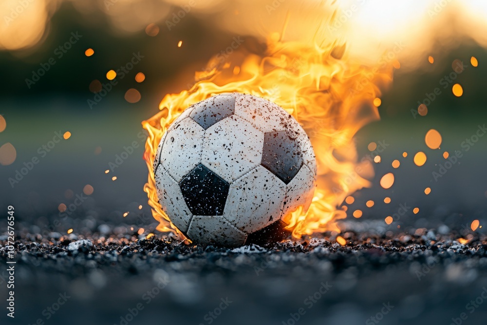 Fototapeta premium A soccer ball is on fire and surrounded by sparks