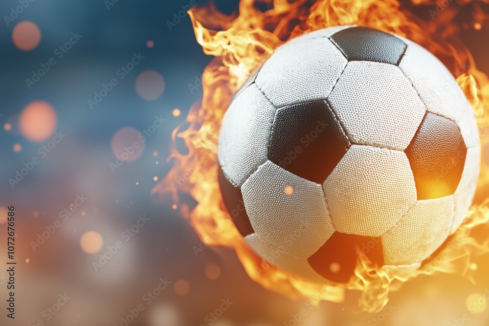 Fototapeta premium A soccer ball is surrounded by fire