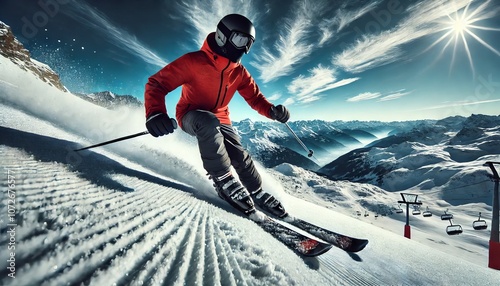 Dynamic Skier in Motion on Snowy Slope