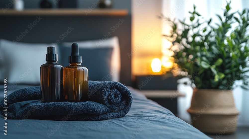 Aromatic oils and towel on a cozy bedroom setup Aromatic oils and towel on a cozy bedroom setup