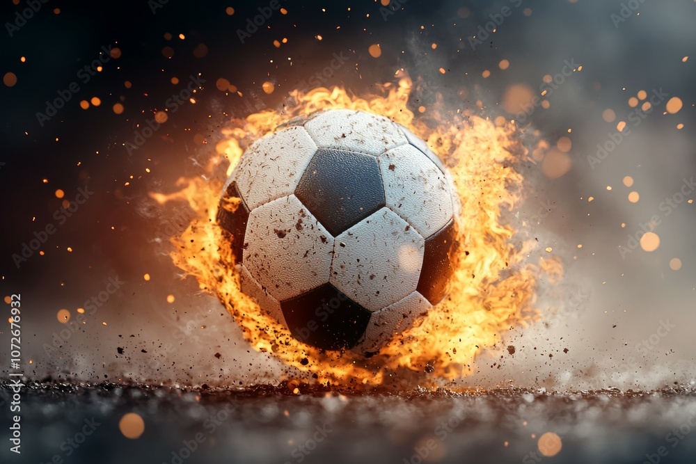 Naklejka premium A soccer ball is surrounded by fire and smoke