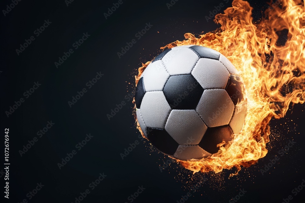 Fototapeta premium A soccer ball is surrounded by fire