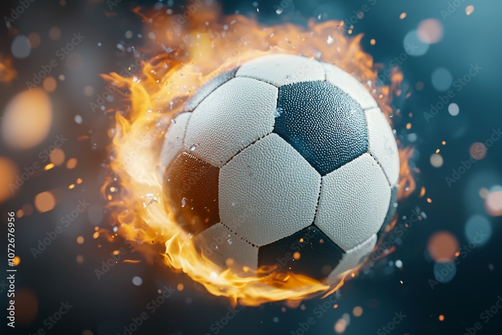 Naklejka premium A soccer ball is surrounded by fire and smoke