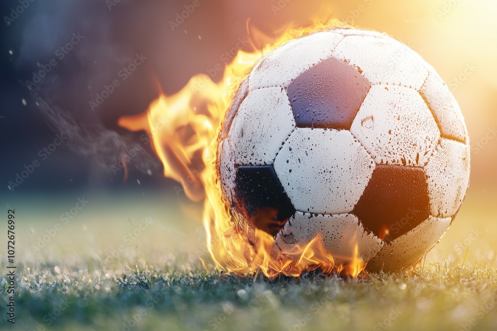 Naklejka premium Burning soccer ball on green grass field under dramatic sunset light in intense sports concept image.