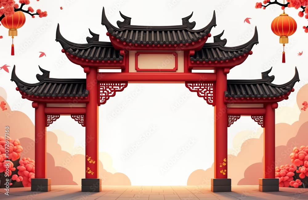 Red Chinese archway gate, traditional architecture. Ornament with curved eaves, black roof. Classic Asian design. New Year celebration, temple entrance, oriental building.