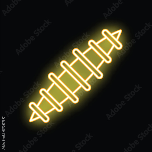 Yellow glowing neon line medical surgical suture with needle icon isolated on black background. Vector illustration