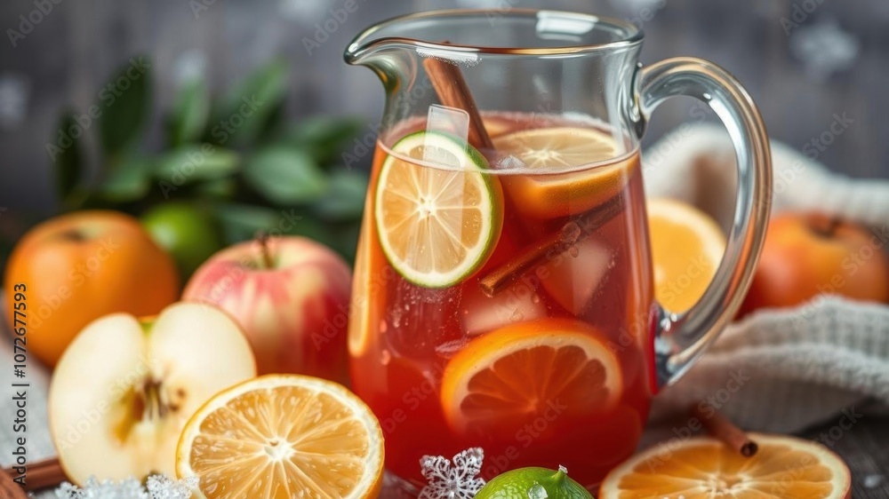 A close-up of a winter sangria pitcher with slices of citrus, apples, and cinnamon sticks, fruit, citrus A close-up of a winter sangria pitcher with slices of citrus, apples, and cinnamon sticks, fruit, citrus