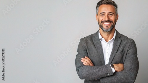 Confident Middle-Aged Man in a Blazer with Arms Crossed and a Friendly Smile, Portrait Against a Light Background for Business or Personal Use