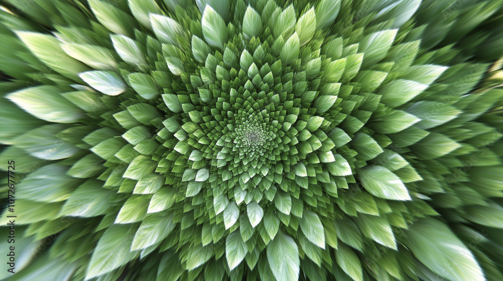 Dynamic background of green leaves forming a spiral pattern, vibrant nature design