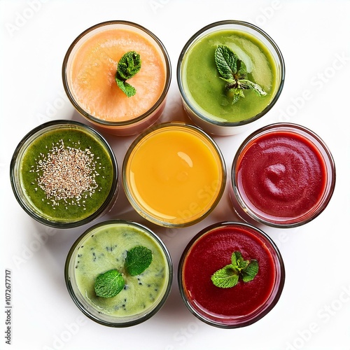 Vibrant Smoothie Variety in Glasses, Floating on Clear Background 