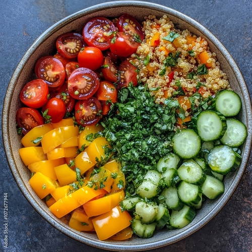 Bowl of quinoa salad with cherry tomatoes, cucumbers and herbs on a white background.