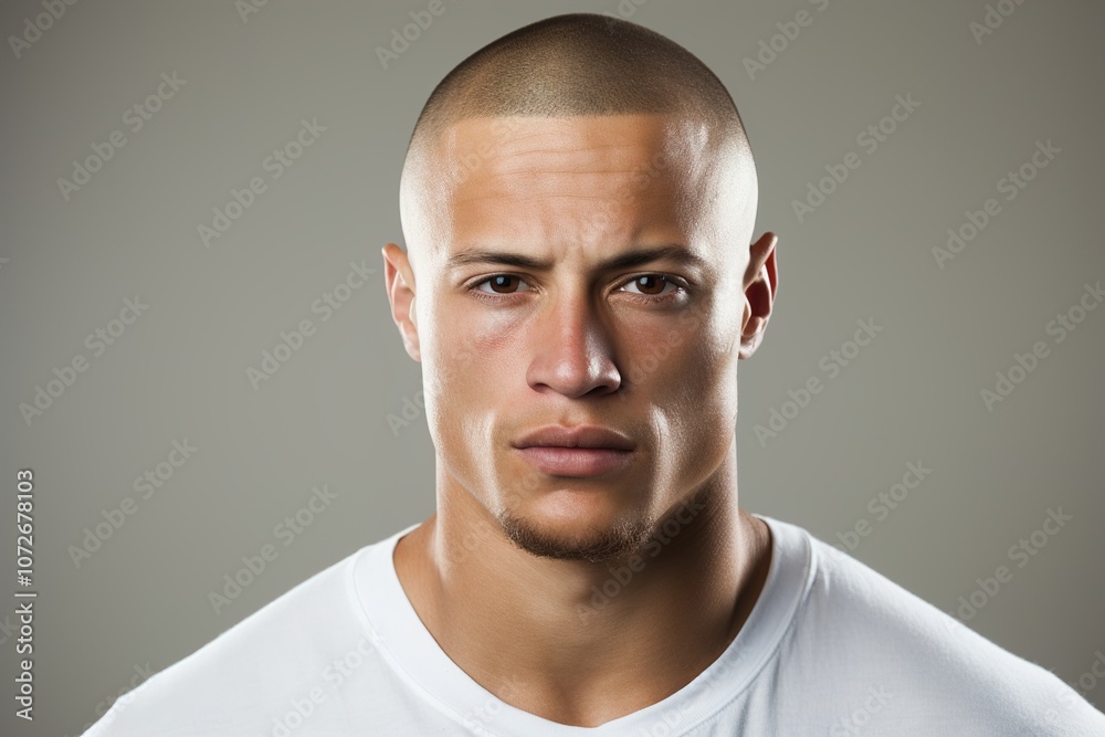 A man with a shaved head and a beard is wearing a white shirt A man with a shaved head and a beard is wearing a white shirt