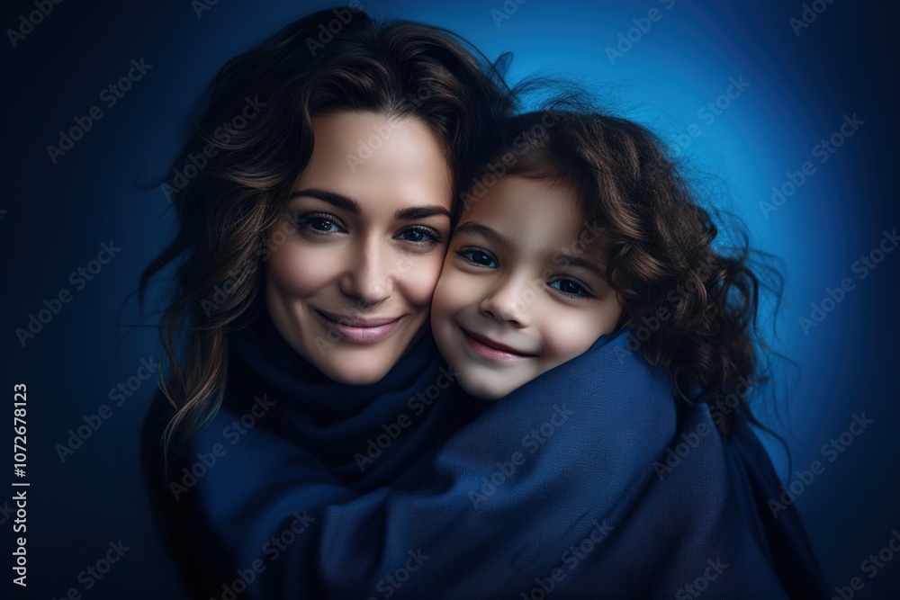 A woman and a child are hugging each other in a blue sweater A woman and a child are hugging each other in a blue sweater