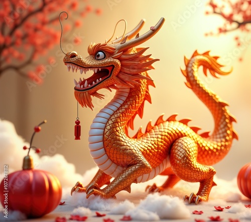 Golden Chinese dragon statue, of prosperity, good luck. Dragon decorated with red ornaments. Stands on white fluffy clouds. Illustration perfect for Chinese New Year, Asian culture themes.